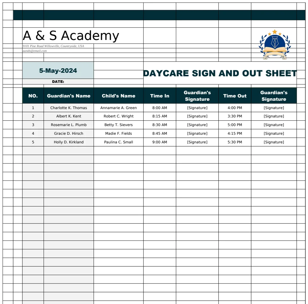 Daycare Sign In and Out Sheet Template preview
