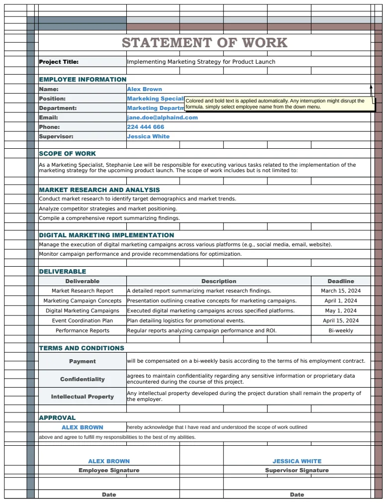 Employee Statement of Work Template preview