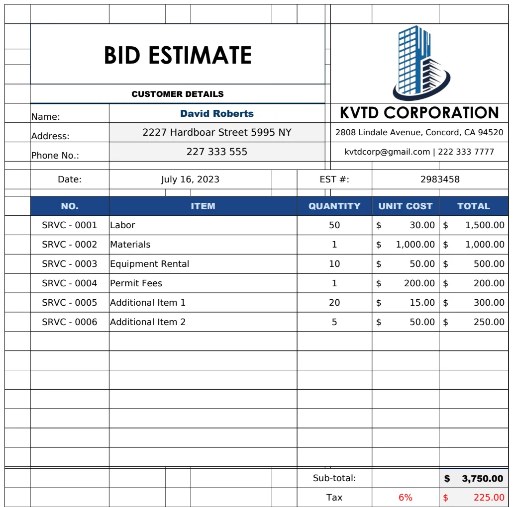Bid Estimate Template preview