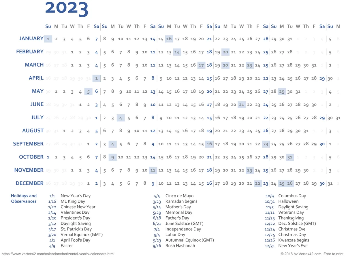 Yearly Calendar with Public Holidays preview