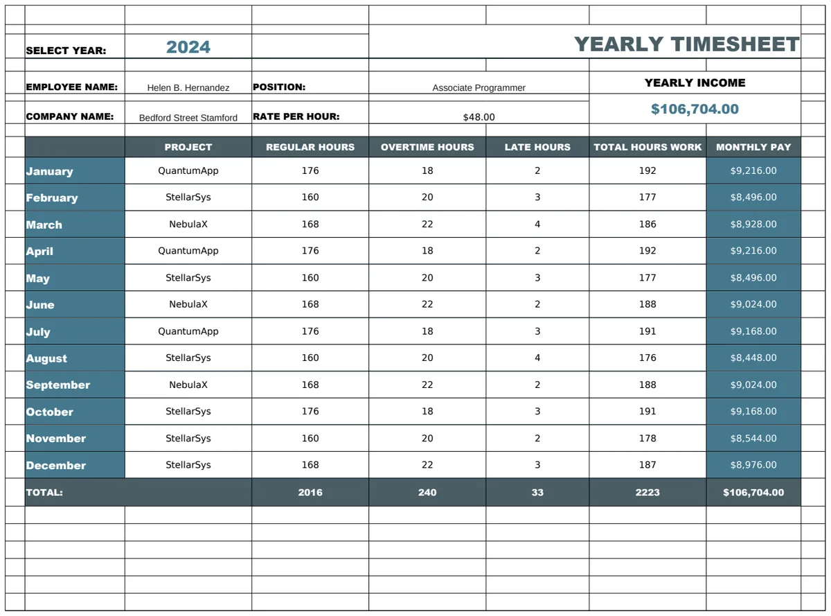 Yearly Timesheet Template preview