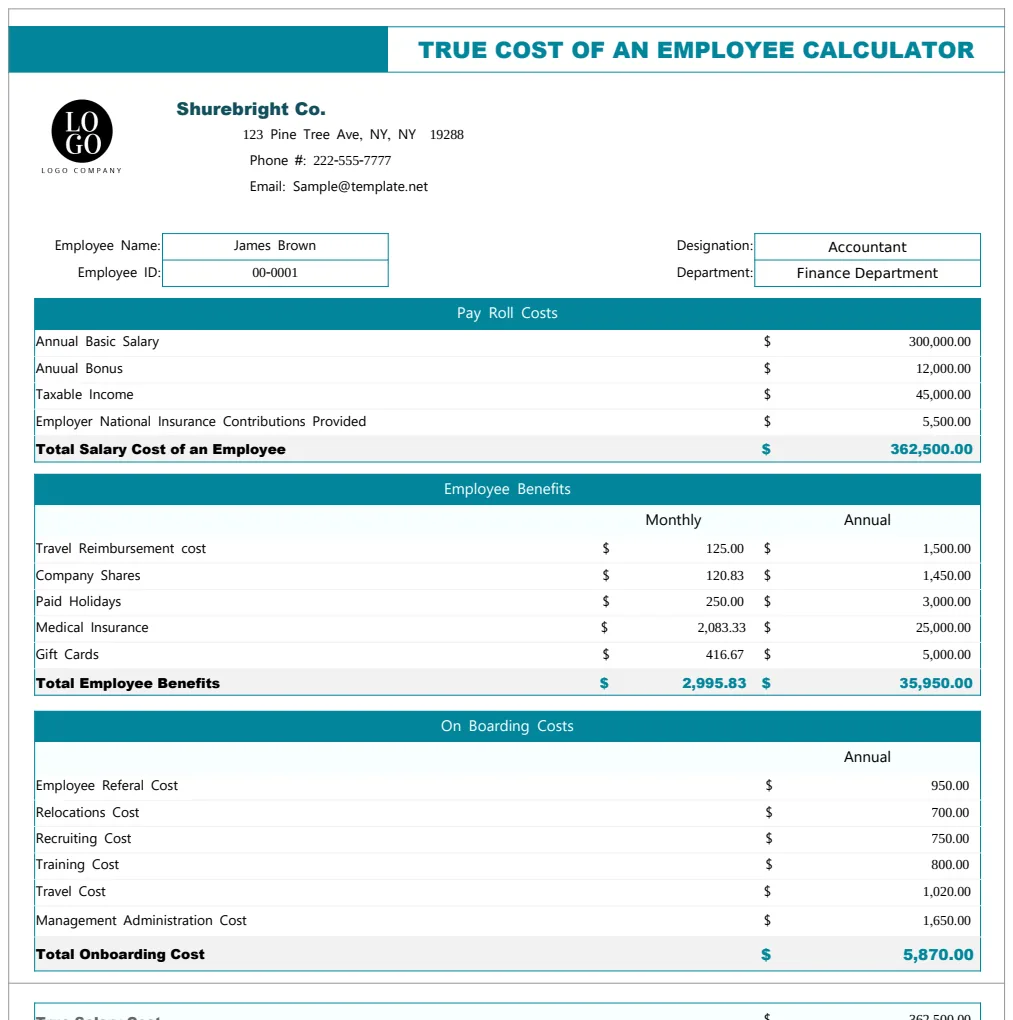 True Cost of an Employee Calculator Template preview