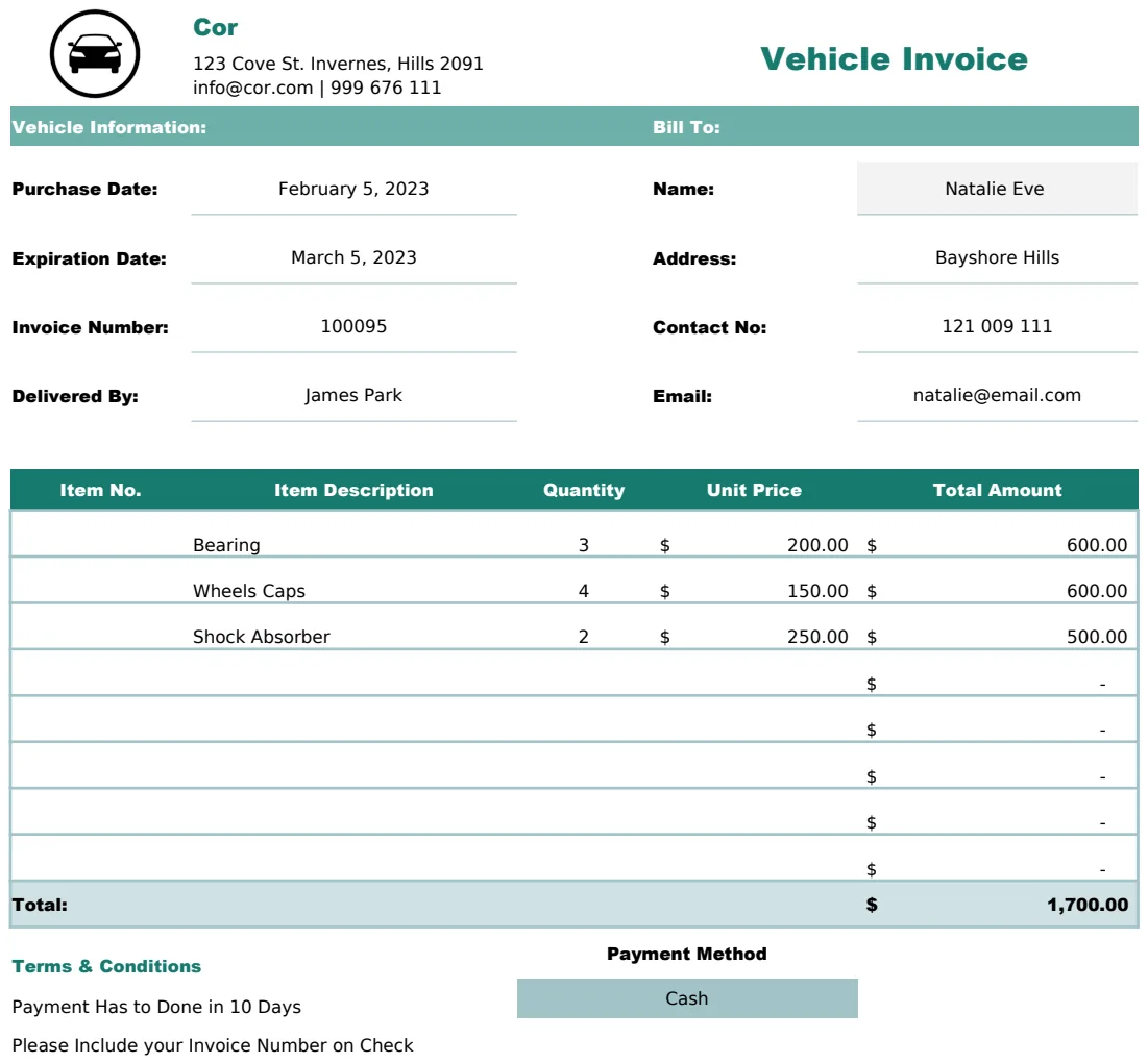 Vehicle Invoice Template preview