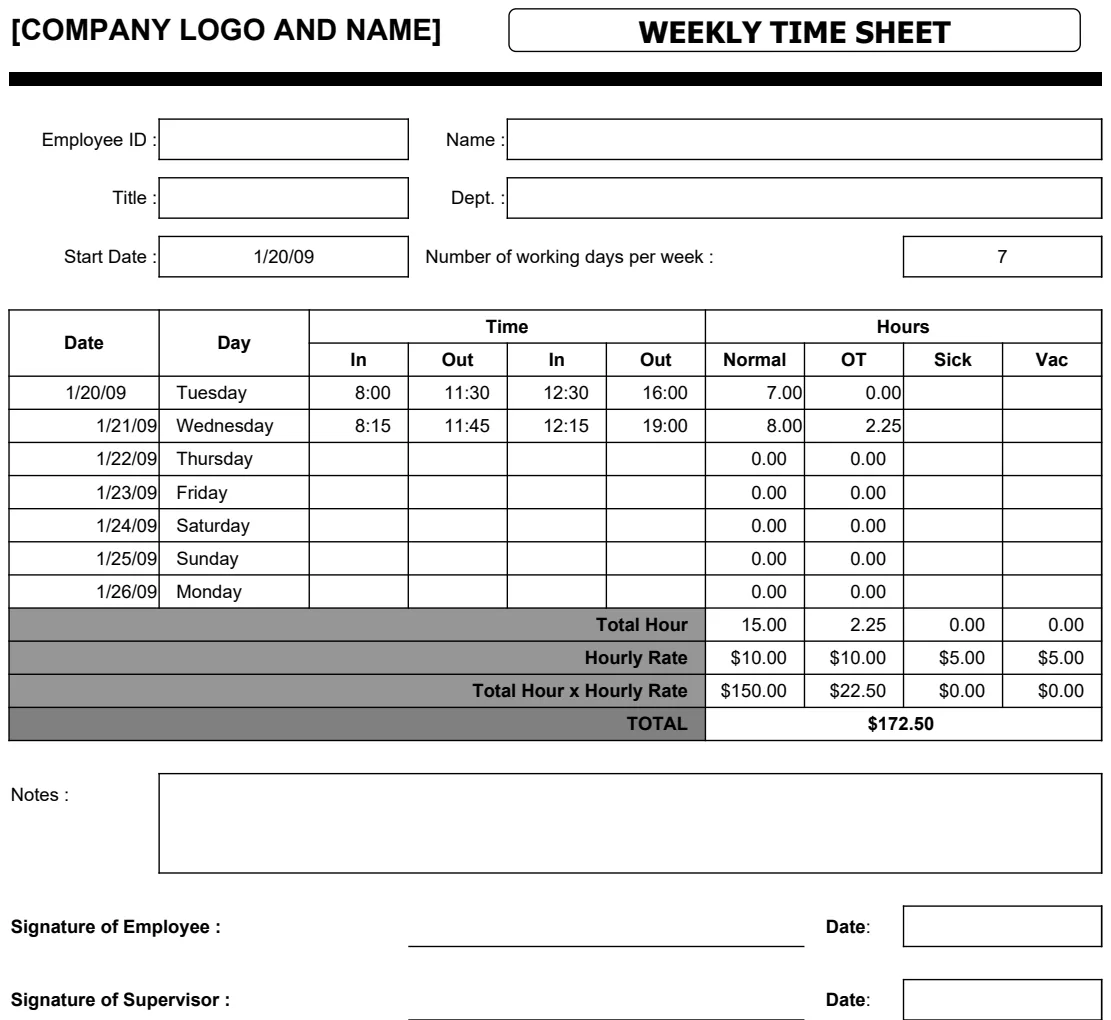 Weekly Time Sheet preview