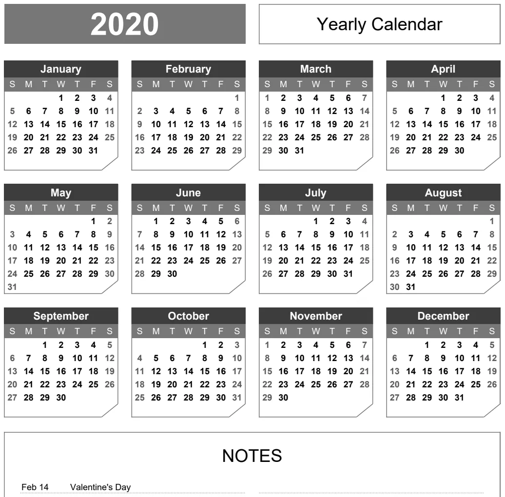 Yearly Calendar Portrait with Notes & Chamfer Theme preview