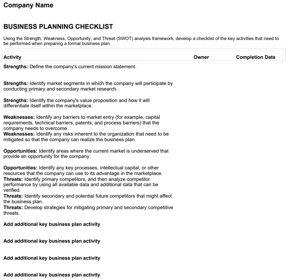 Business Plan Checklist with SWOT Analysis preview