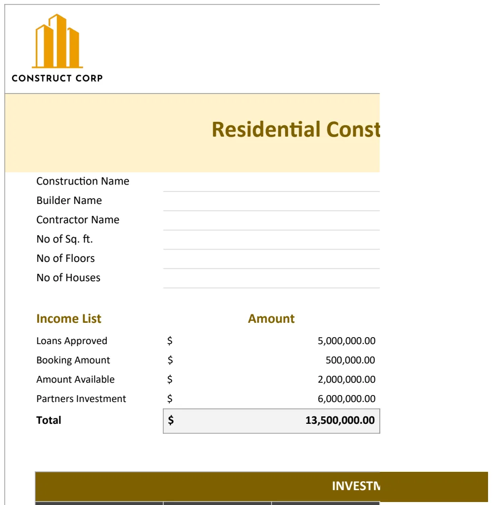 Residential Construction Budget Template preview