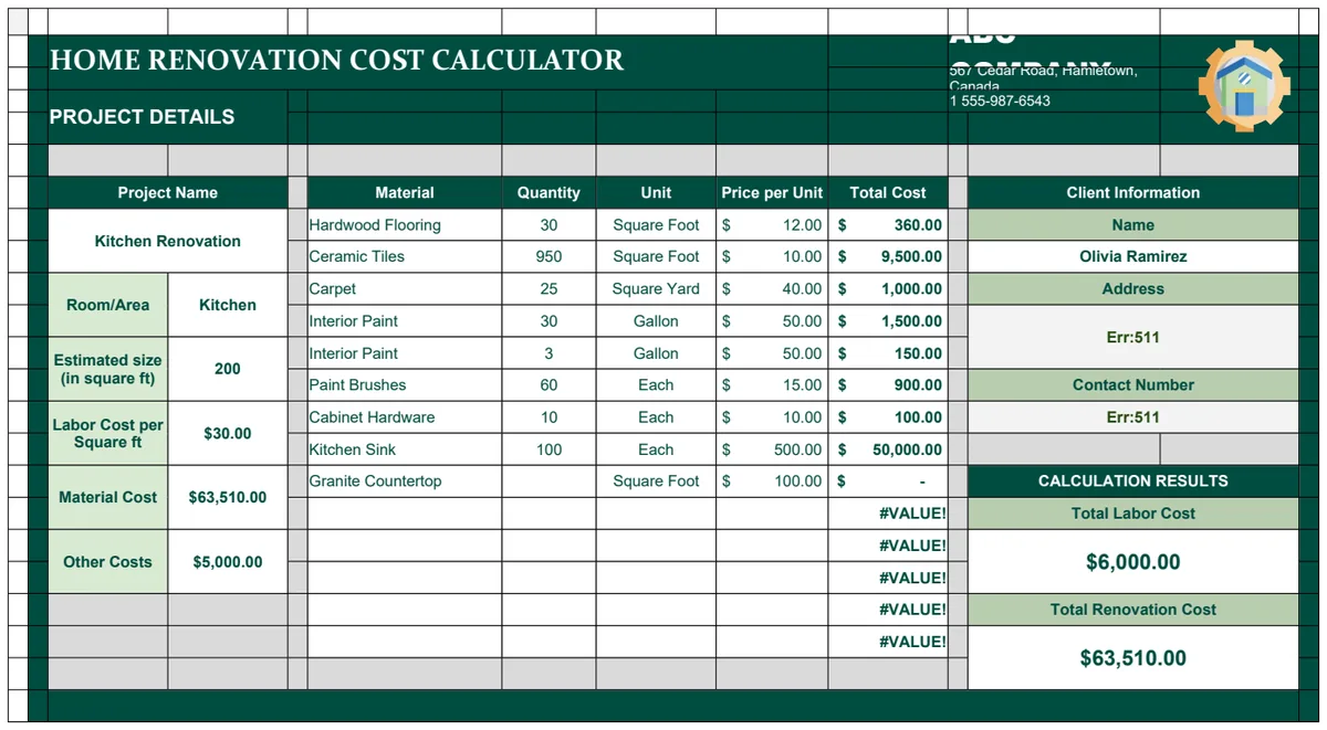 Home Renovation Costs Calculator Template preview