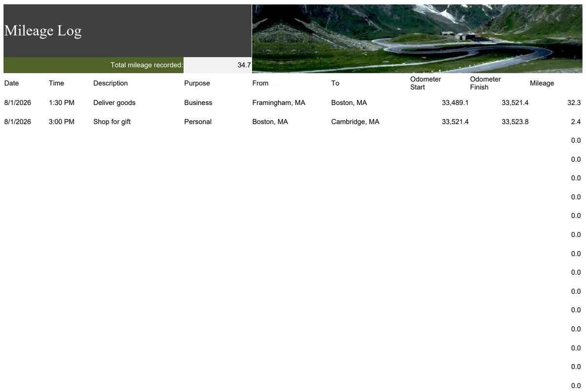 Mileage Log preview
