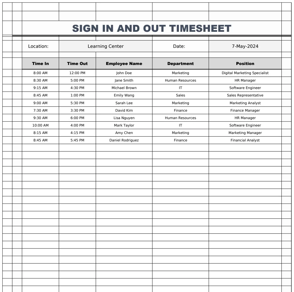 Sign In and Out Time Sheet Template preview