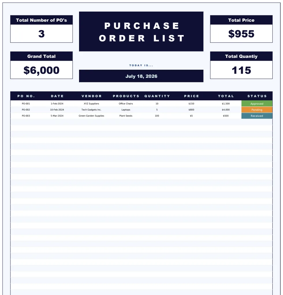 Copy of Purchase Order List Template preview