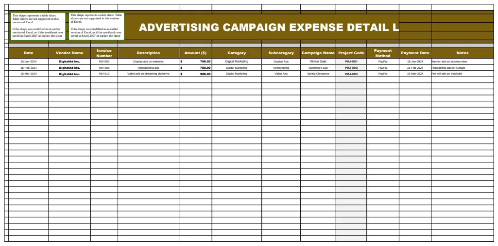 Advertising Campaign Expense Detail Log Template preview