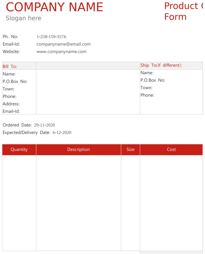 Product Order Form Template preview
