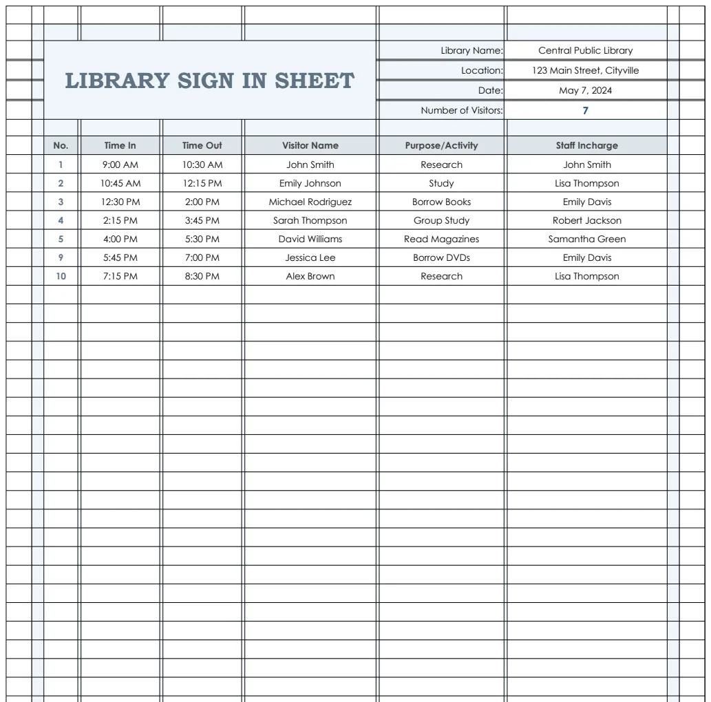 Library Sign In Sheet Template preview