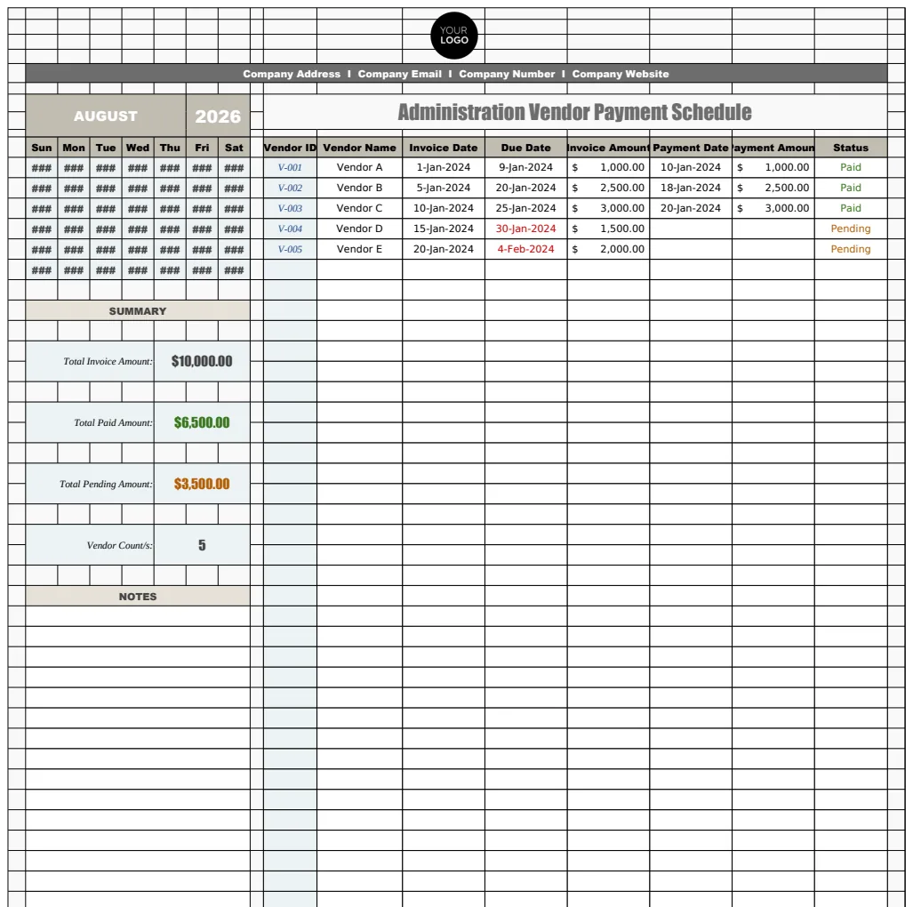 Administration Vendor Payment Schedule Template preview