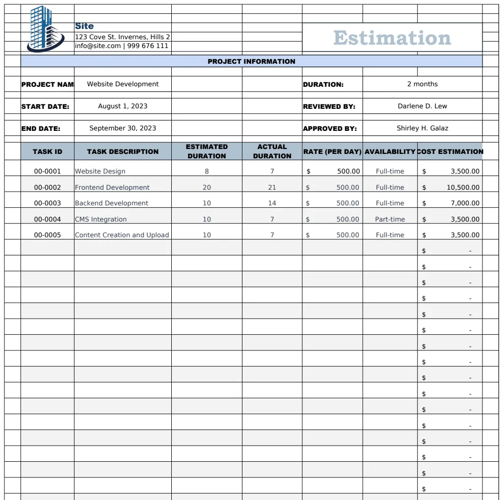 Estimation Template preview