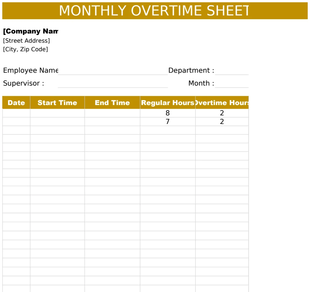 Monthly Overtime Sheet preview