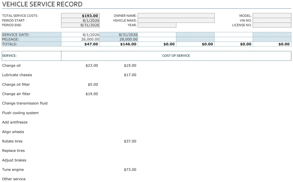 Vehicle Service Record preview