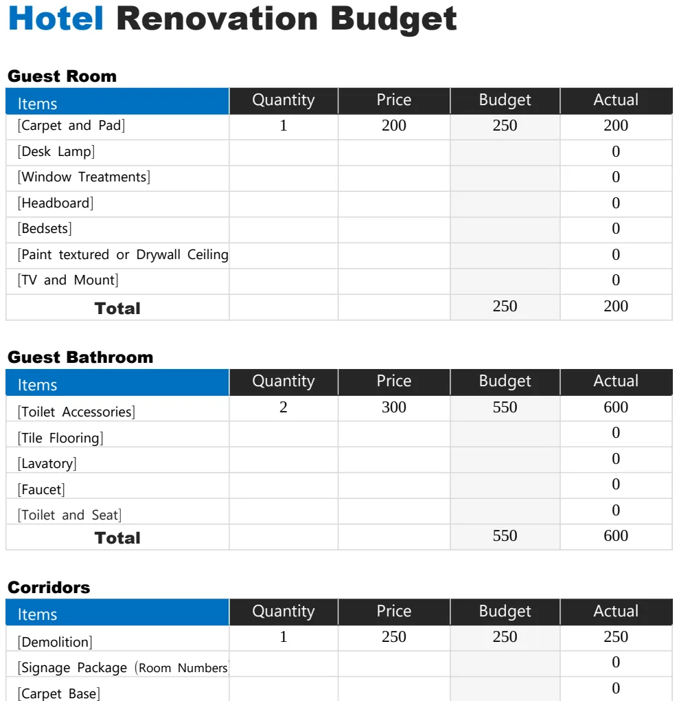 Hotel Renovation Budget Template preview