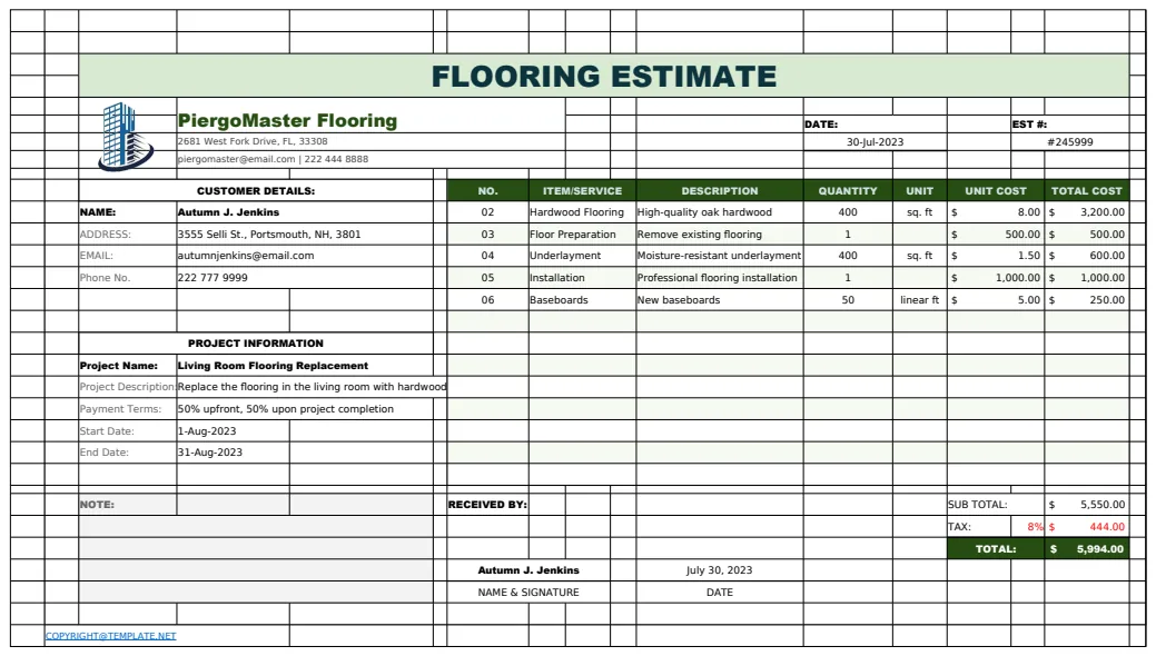 Flooring Estimate Template preview