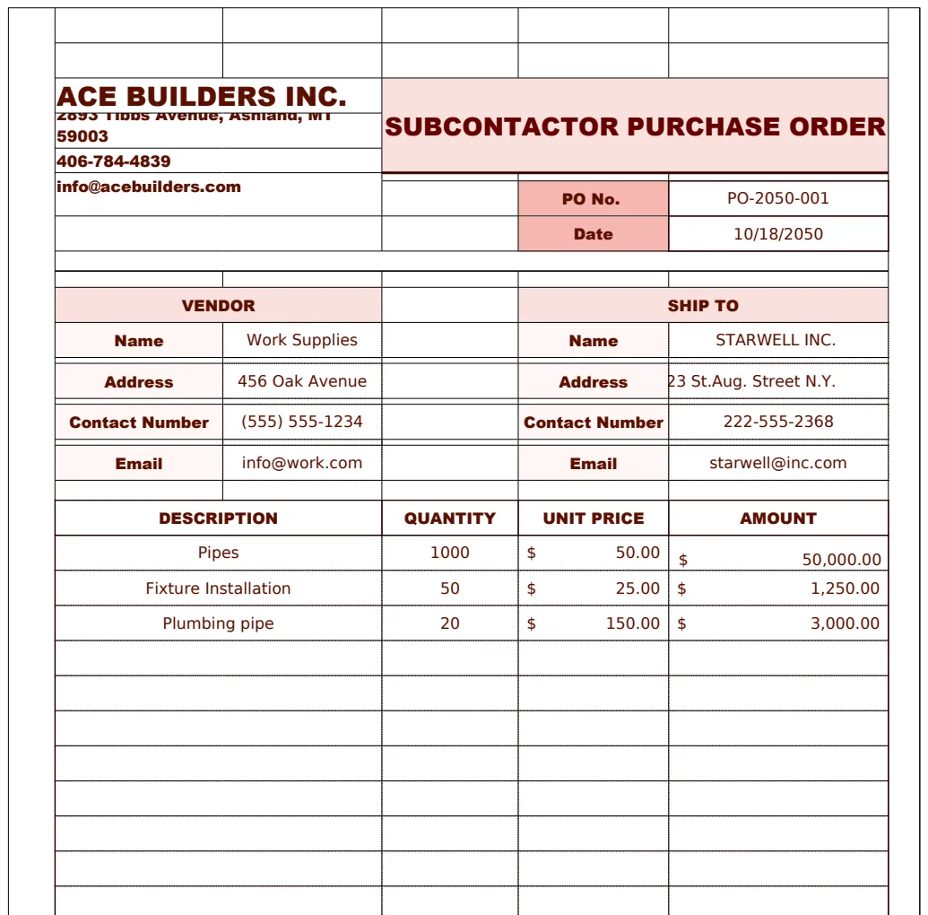 Subcontractor Purchase Order Template preview