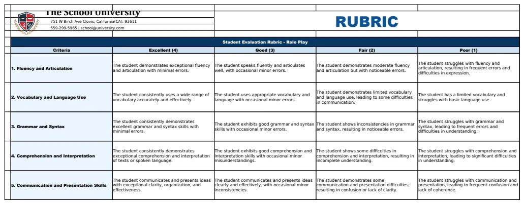 Student Evaluation Rubric Template preview