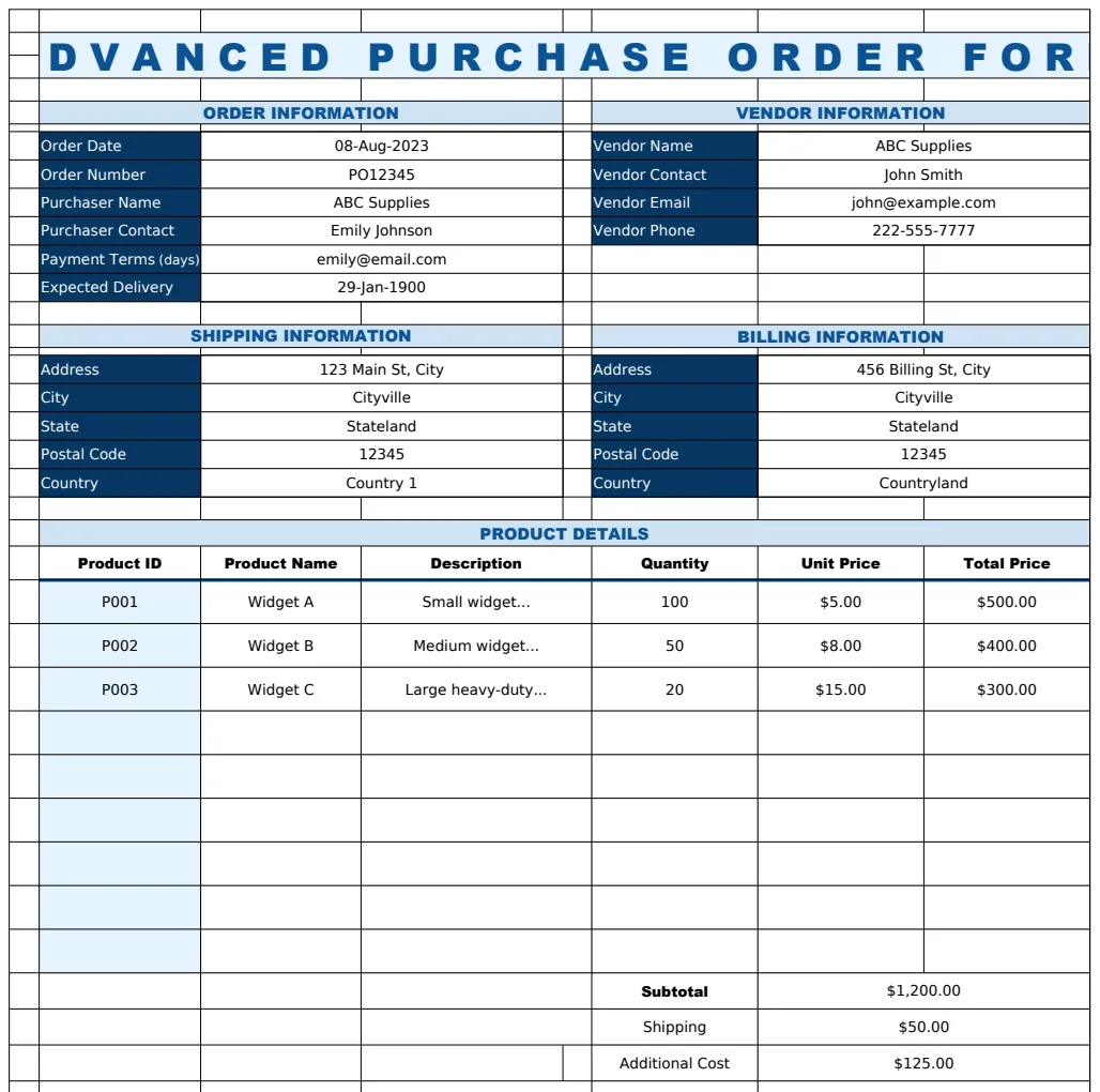 Advanced Purchase Order Form Template preview