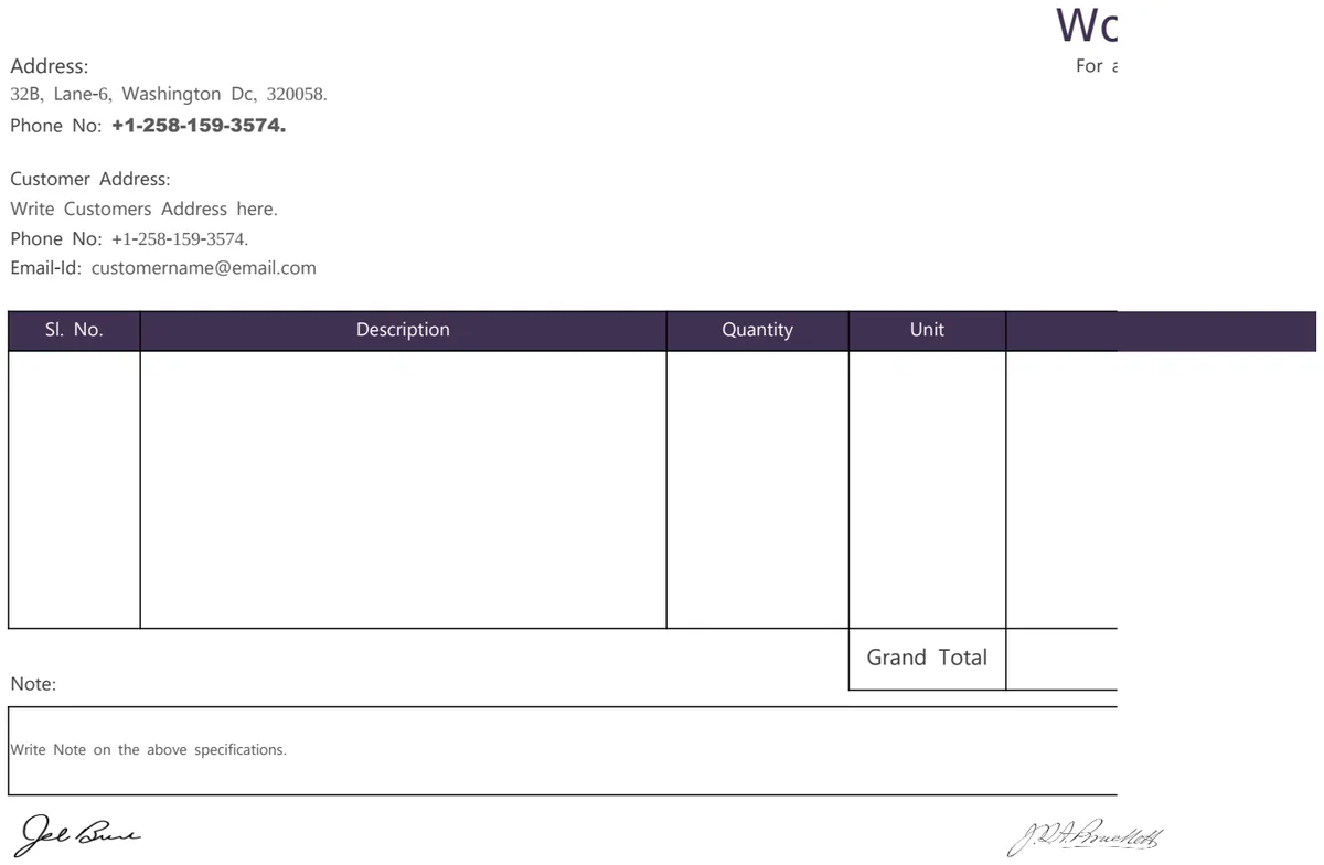 Work Order Format preview
