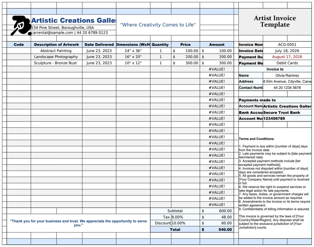 Artist Invoice Template preview