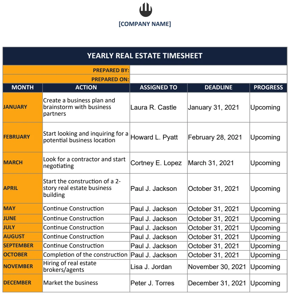 Yearly Real Estate Timesheet Template preview
