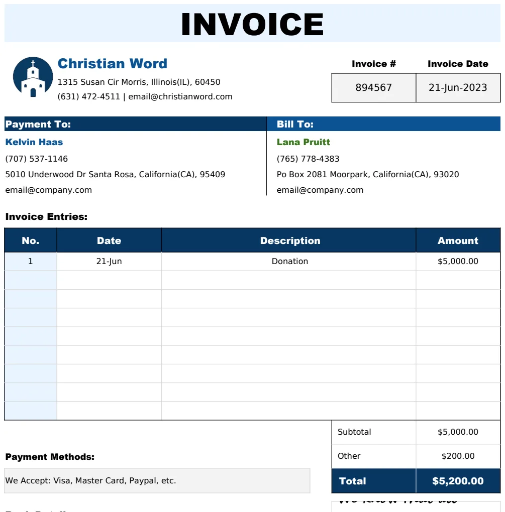 Church Invoice Template preview