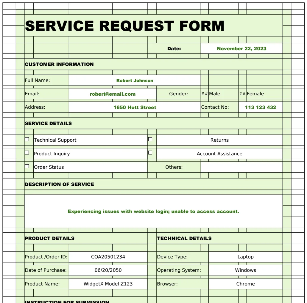 Service Request Form Template preview