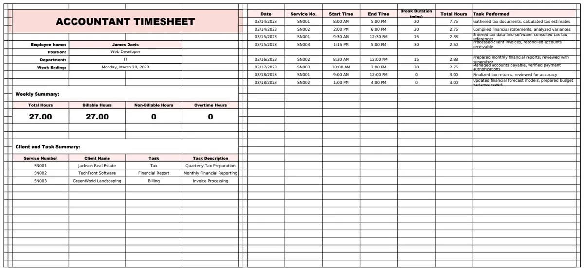 Accountant Timesheet Template preview