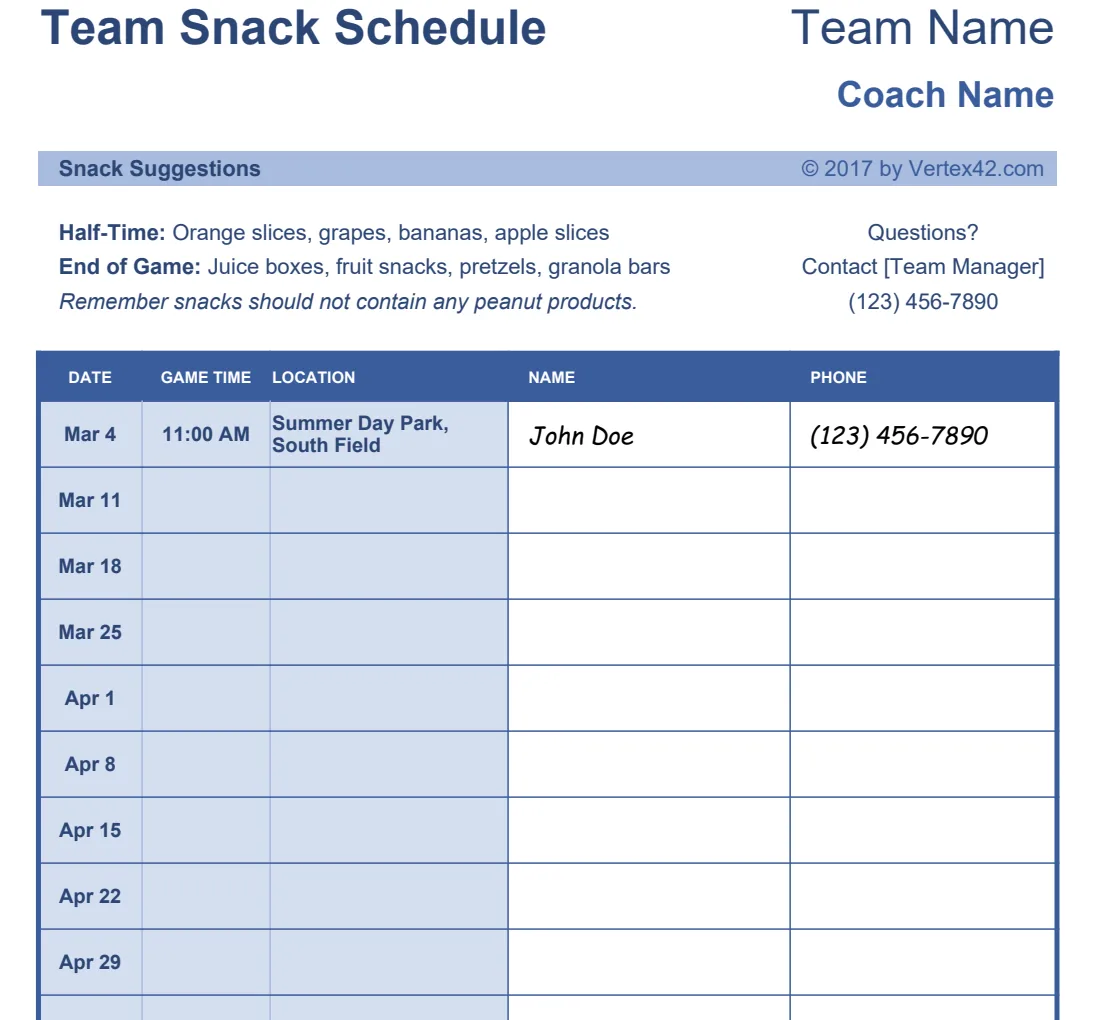 Team Snack Schedule Sign-Up Sheet preview