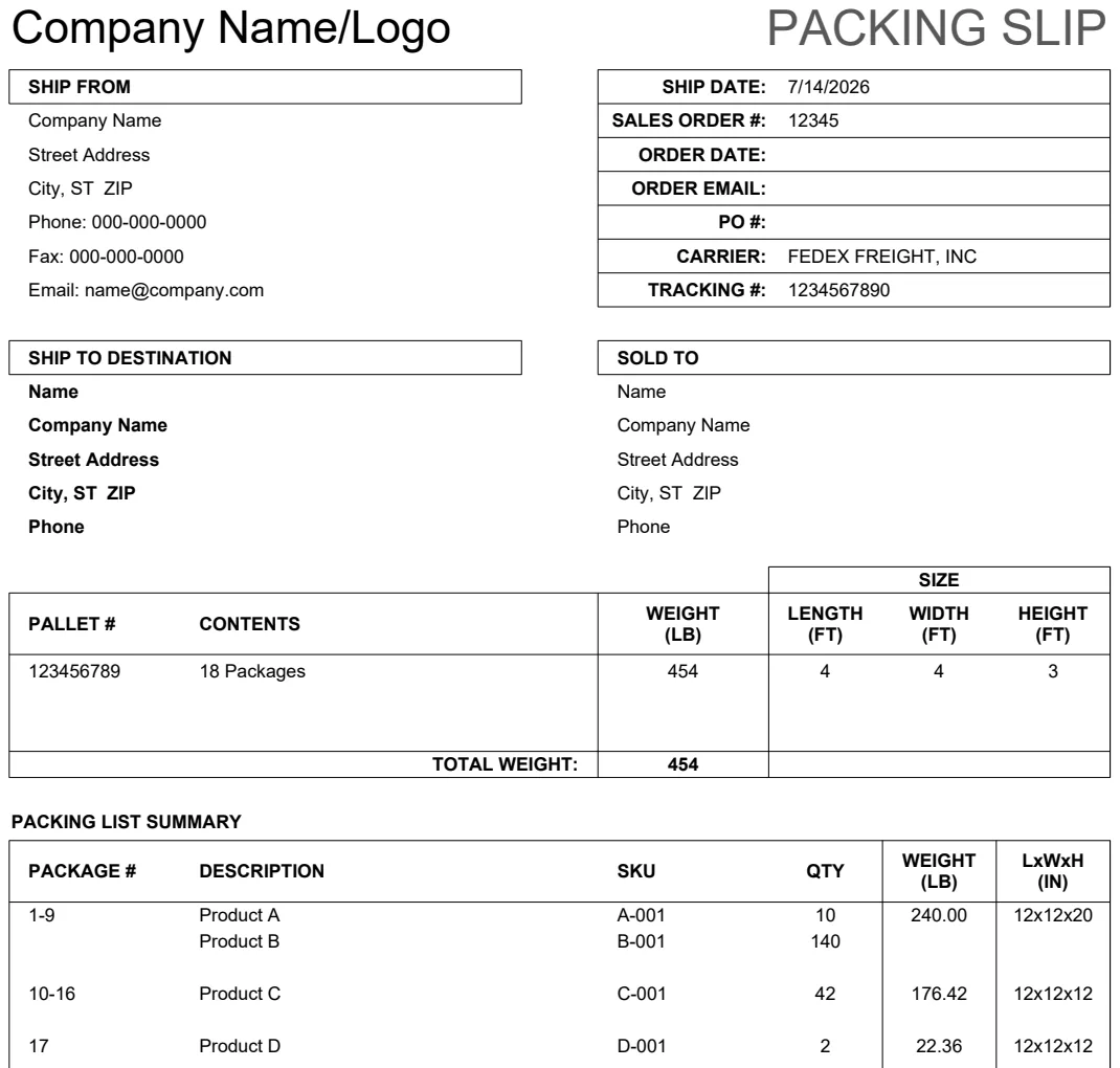 Packing Slip for Pallet preview