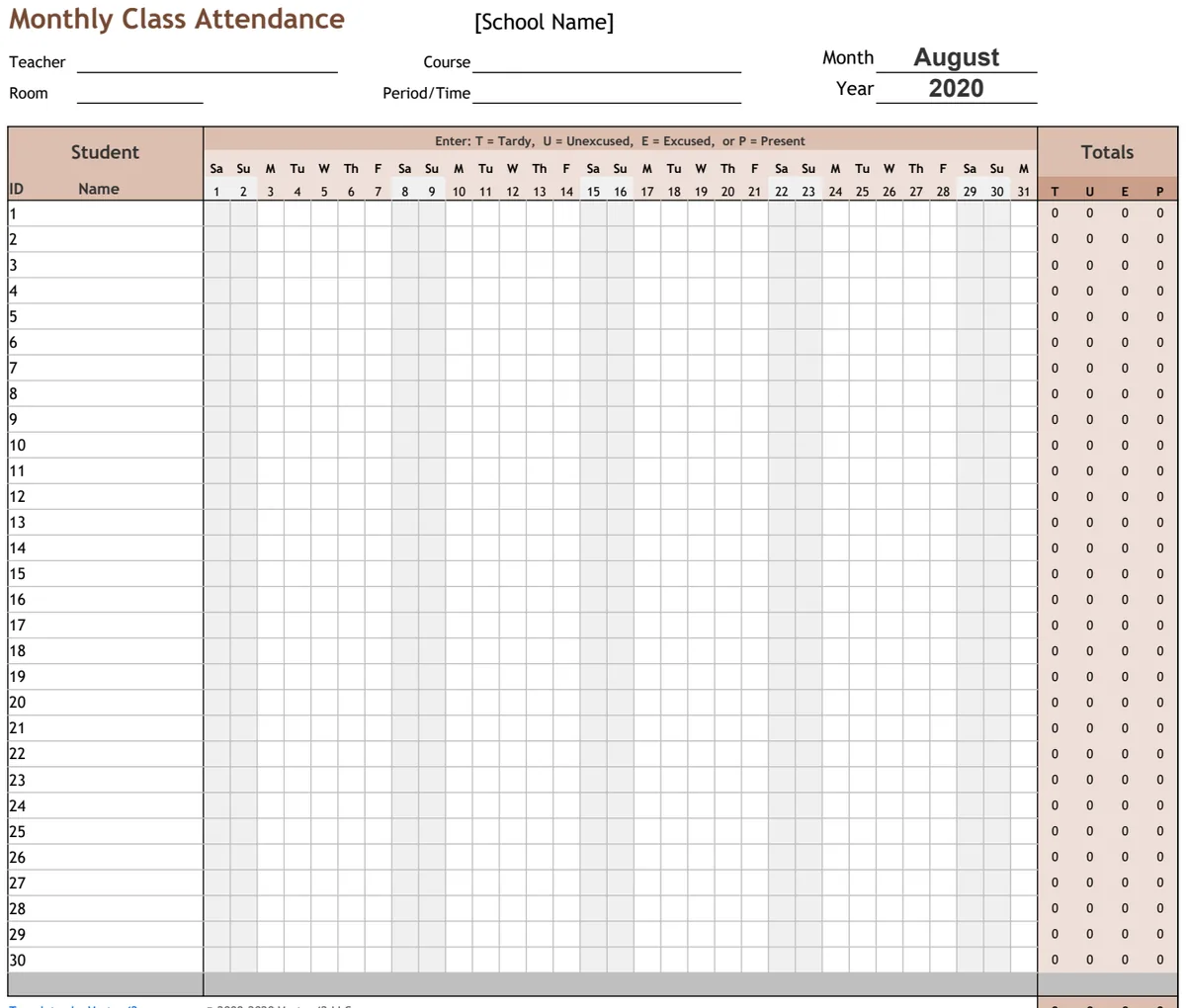 Monthly Class Attendance Tracker preview