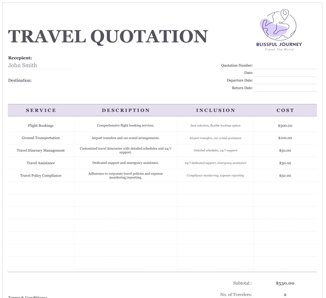 Business Travel Services Quotation Template preview