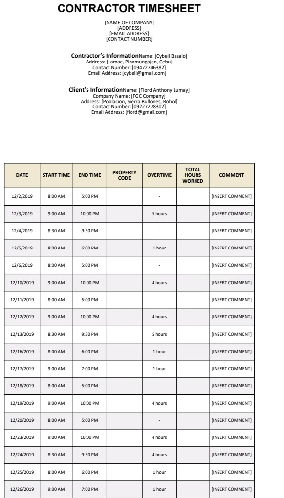 Contractor Time Sheet Template preview
