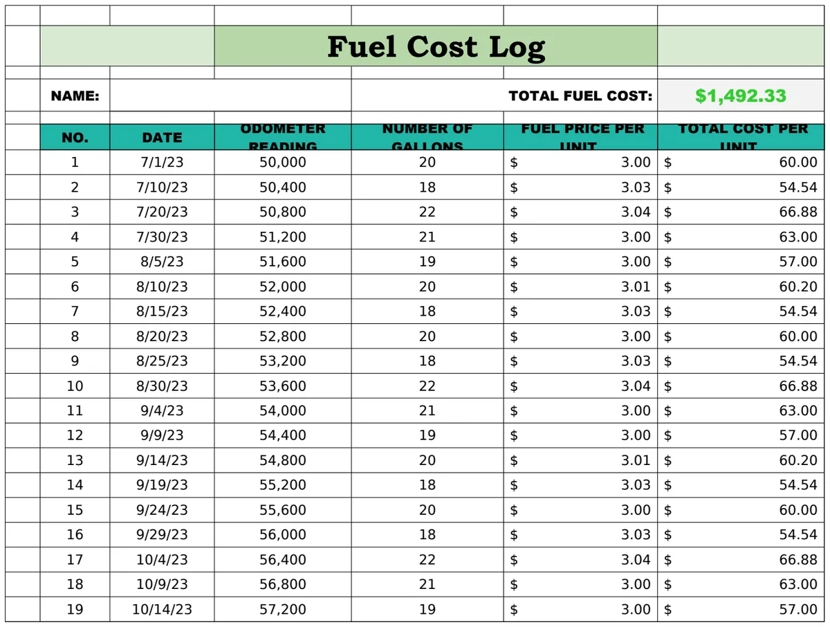 Fuel Cost Log Template preview