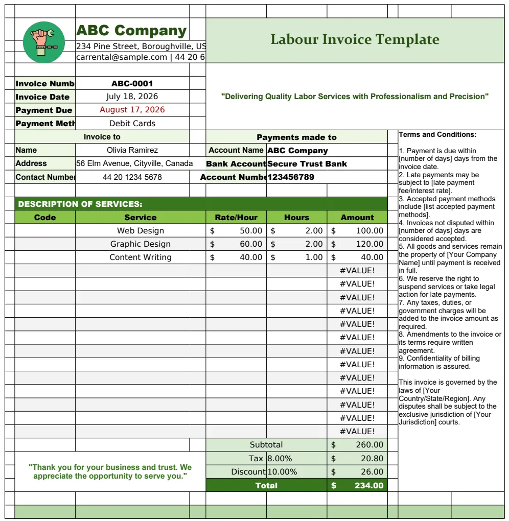 Labour Invoice Template preview