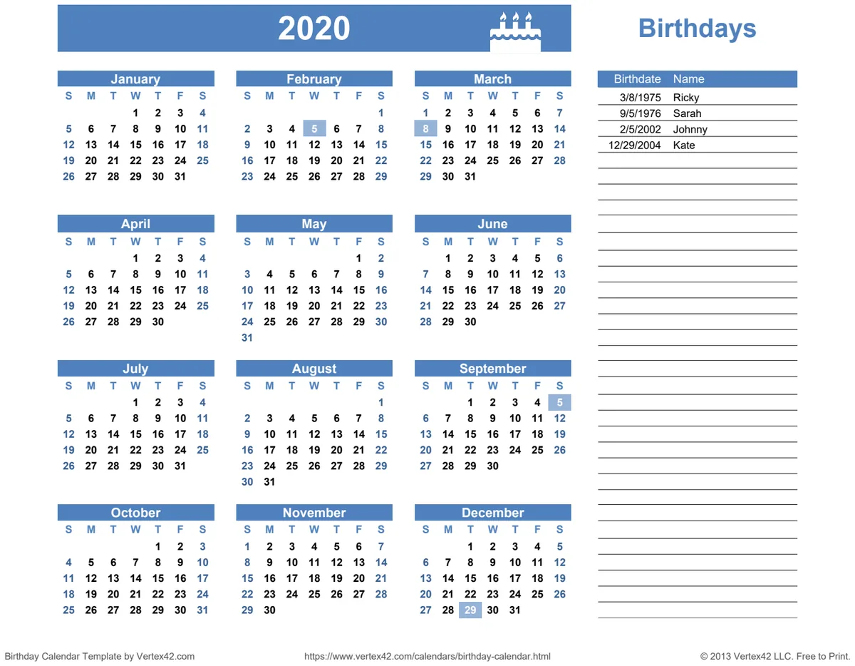 Birthday Calendar with Ages preview
