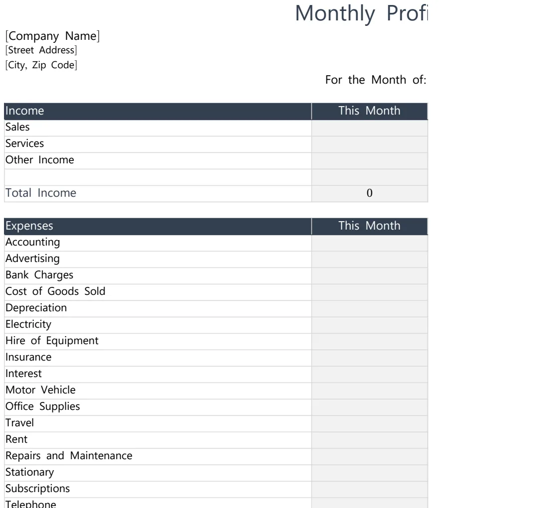 Monthly Profit and Loss Template preview