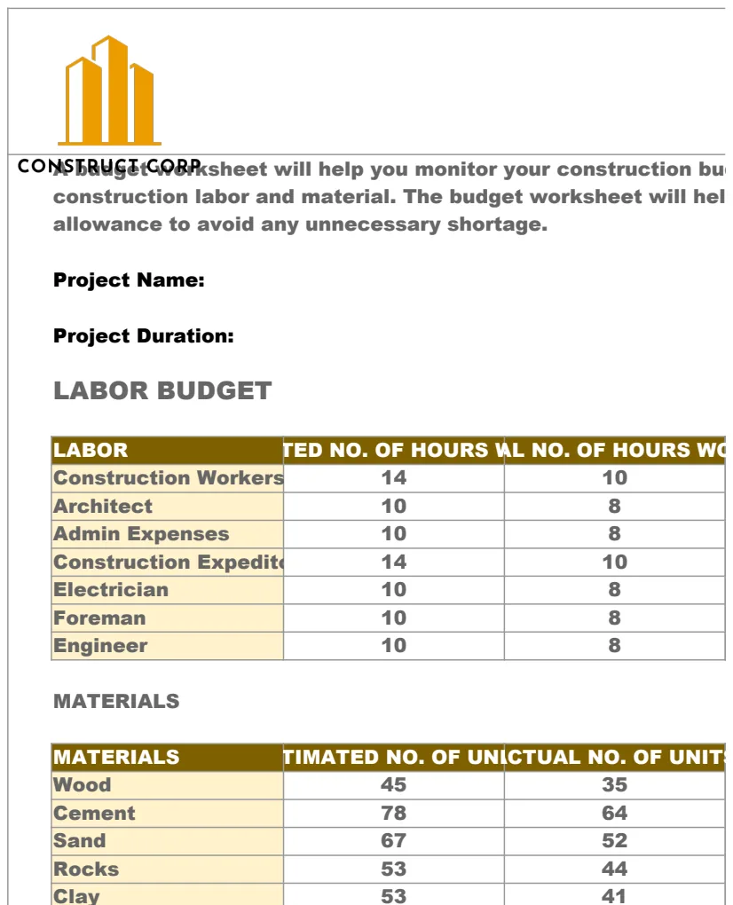 Construction Budget Worksheet Template preview