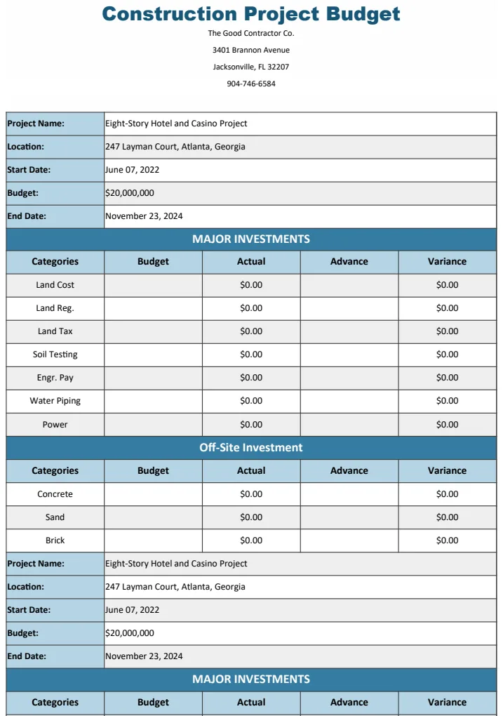 Construction Project Budget Template preview