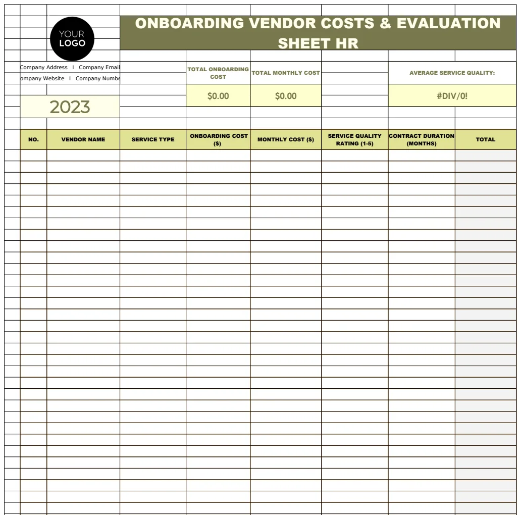 Onboarding Vendor Costs & Evaluation Sheet HR Template preview