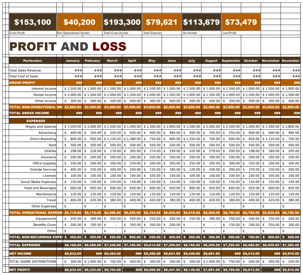 Profit and Loss Template preview
