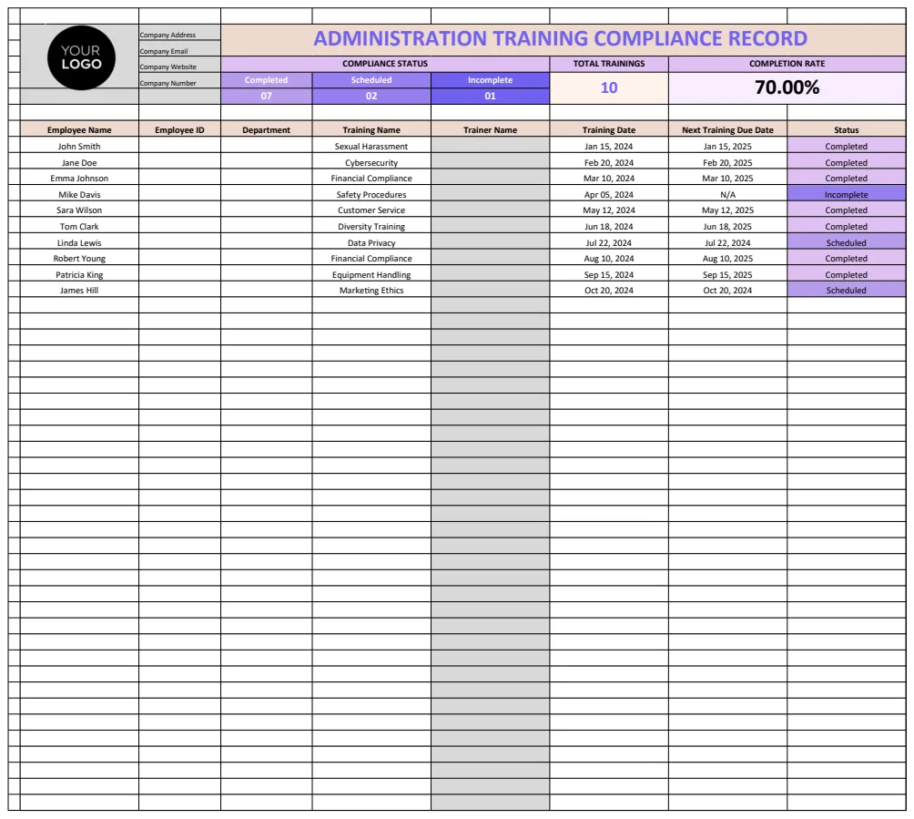 Administration Training Compliance Record Template preview