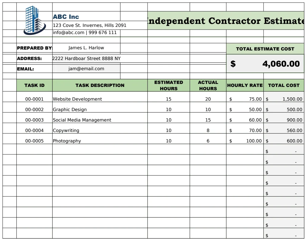 Independent Contractor Estimate Template preview
