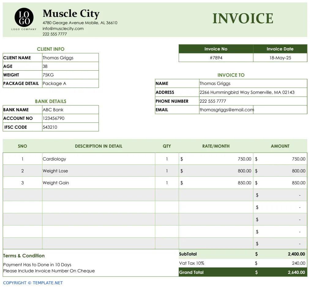 Gym Invoice Template preview