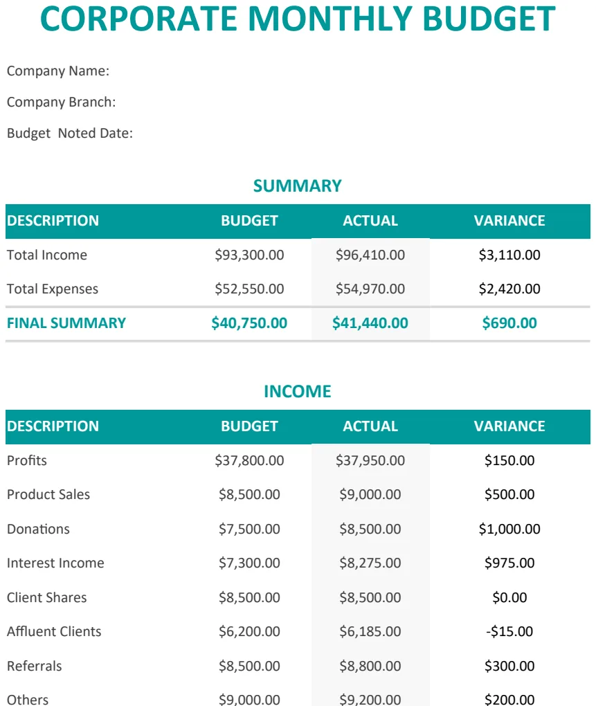 Corporate Monthly Budget Template preview
